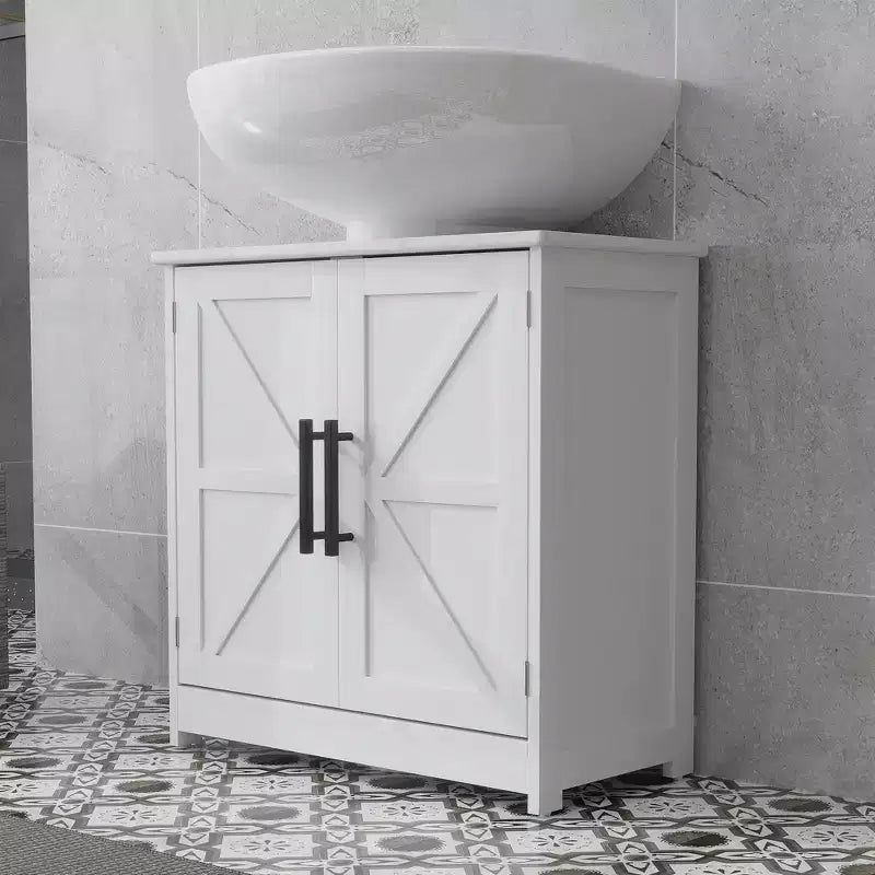 HOMCOM Farmhouse Pedestal Sink Storage Cabinet, Freestanding Bathroom Sink Cabinet with 2 Barn Doors and Adjustable Shelf