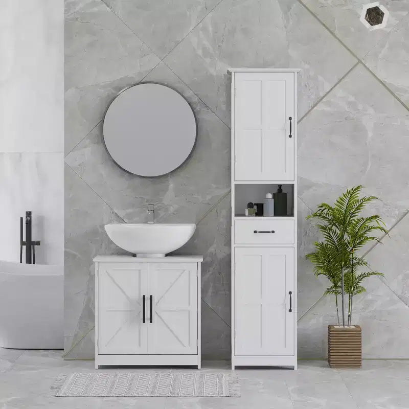 HOMCOM Farmhouse Pedestal Sink Storage Cabinet, Freestanding Bathroom Sink Cabinet with 2 Barn Doors and Adjustable Shelf