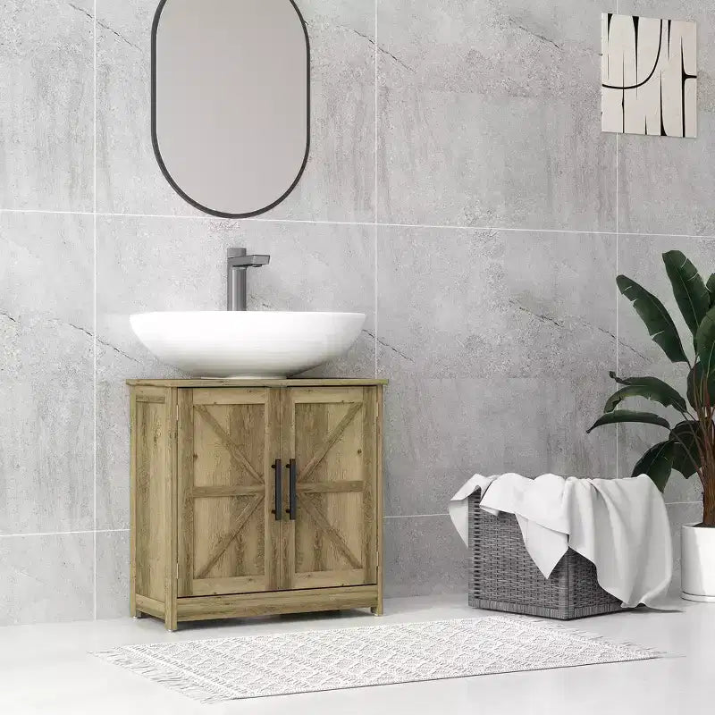 HOMCOM Farmhouse Pedestal Sink Storage Cabinet, Freestanding Bathroom Sink Cabinet with 2 Barn Doors and Adjustable Shelf