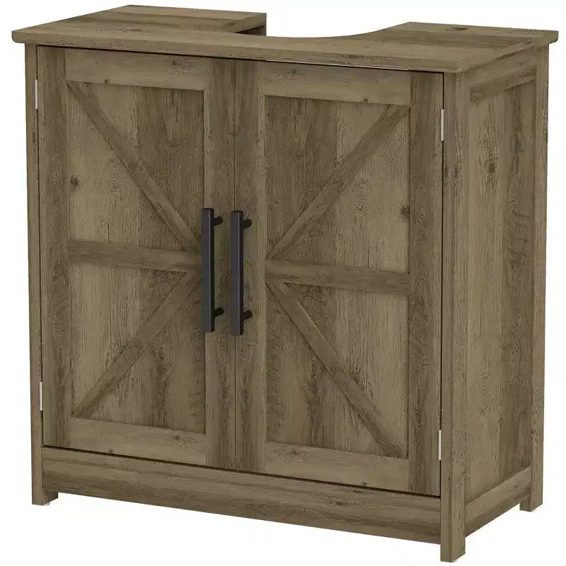 HOMCOM Farmhouse Pedestal Sink Storage Cabinet, Freestanding Bathroom Sink Cabinet with 2 Barn Doors and Adjustable Shelf