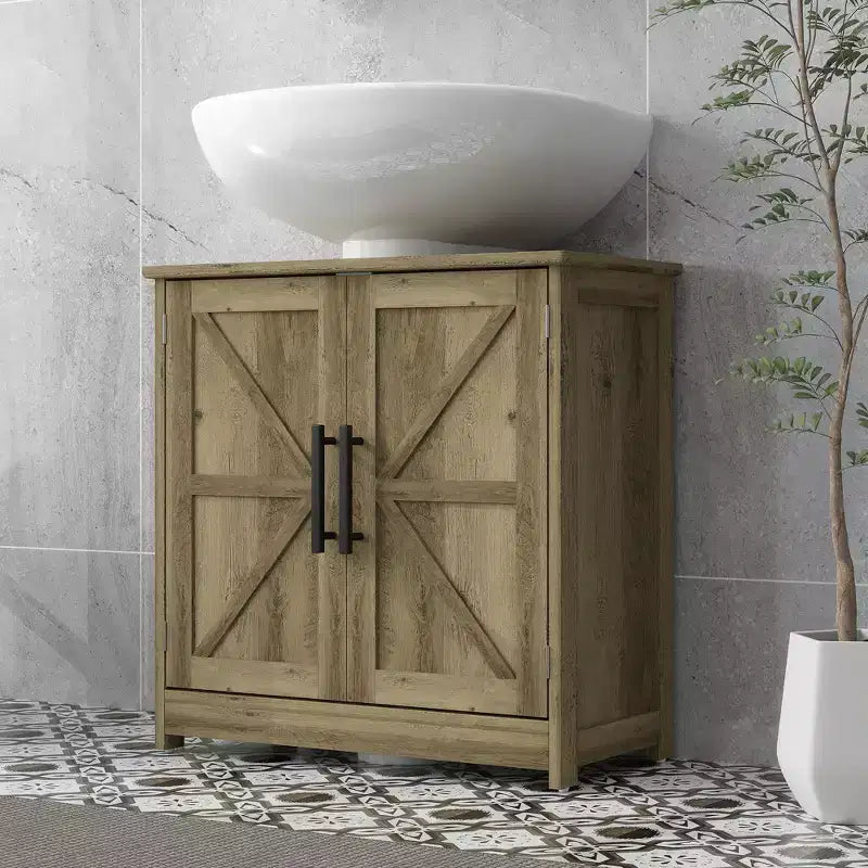 HOMCOM Farmhouse Pedestal Sink Storage Cabinet, Freestanding Bathroom Sink Cabinet with 2 Barn Doors and Adjustable Shelf