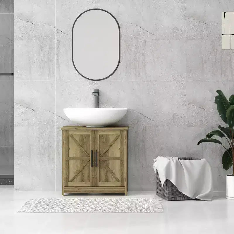 HOMCOM Farmhouse Pedestal Sink Storage Cabinet, Freestanding Bathroom Sink Cabinet with 2 Barn Doors and Adjustable Shelf