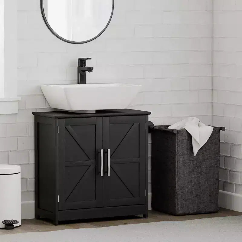 HOMCOM Farmhouse Pedestal Sink Storage Cabinet, Freestanding Bathroom Sink Cabinet with 2 Barn Doors and Adjustable Shelf