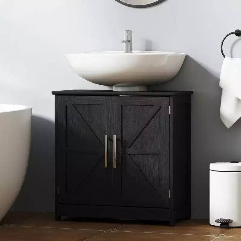 HOMCOM Farmhouse Pedestal Sink Storage Cabinet, Freestanding Bathroom Sink Cabinet with 2 Barn Doors and Adjustable Shelf