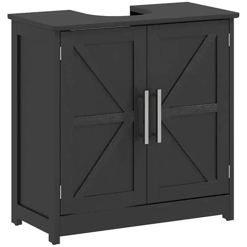 HOMCOM Farmhouse Pedestal Sink Storage Cabinet, Freestanding Bathroom Sink Cabinet with 2 Barn Doors and Adjustable Shelf