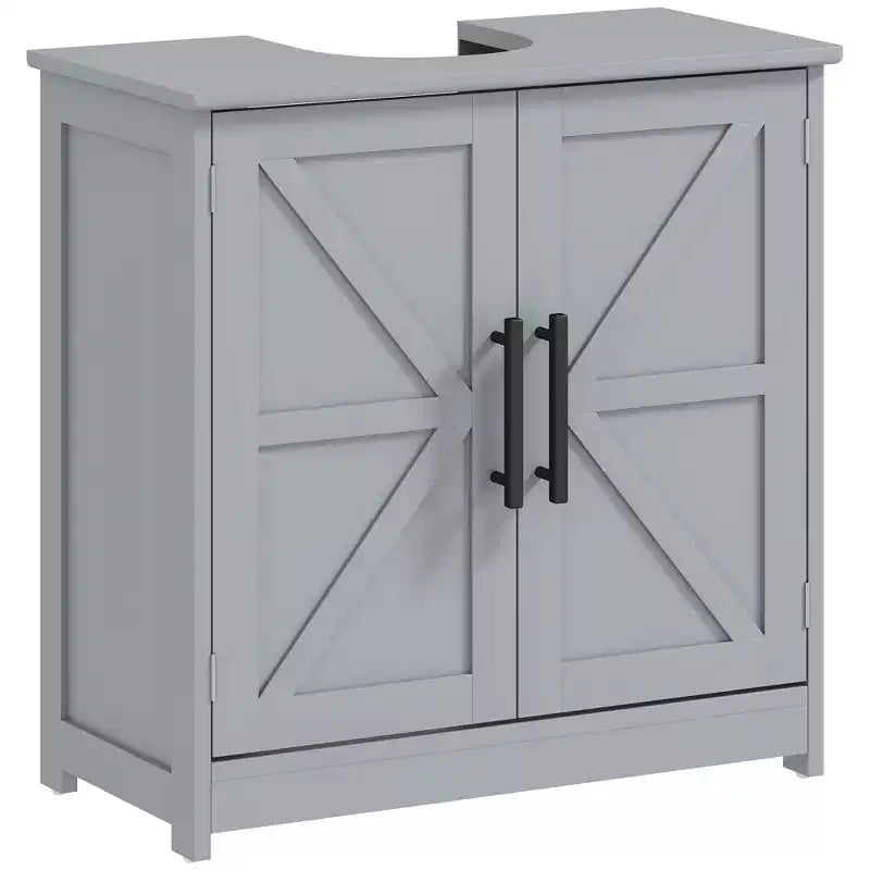 HOMCOM Farmhouse Pedestal Sink Storage Cabinet, Freestanding Bathroom Sink Cabinet with 2 Barn Doors and Adjustable Shelf