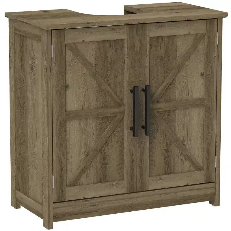 HOMCOM Farmhouse Pedestal Sink Storage Cabinet, Freestanding Bathroom Sink Cabinet with 2 Barn Doors and Adjustable Shelf