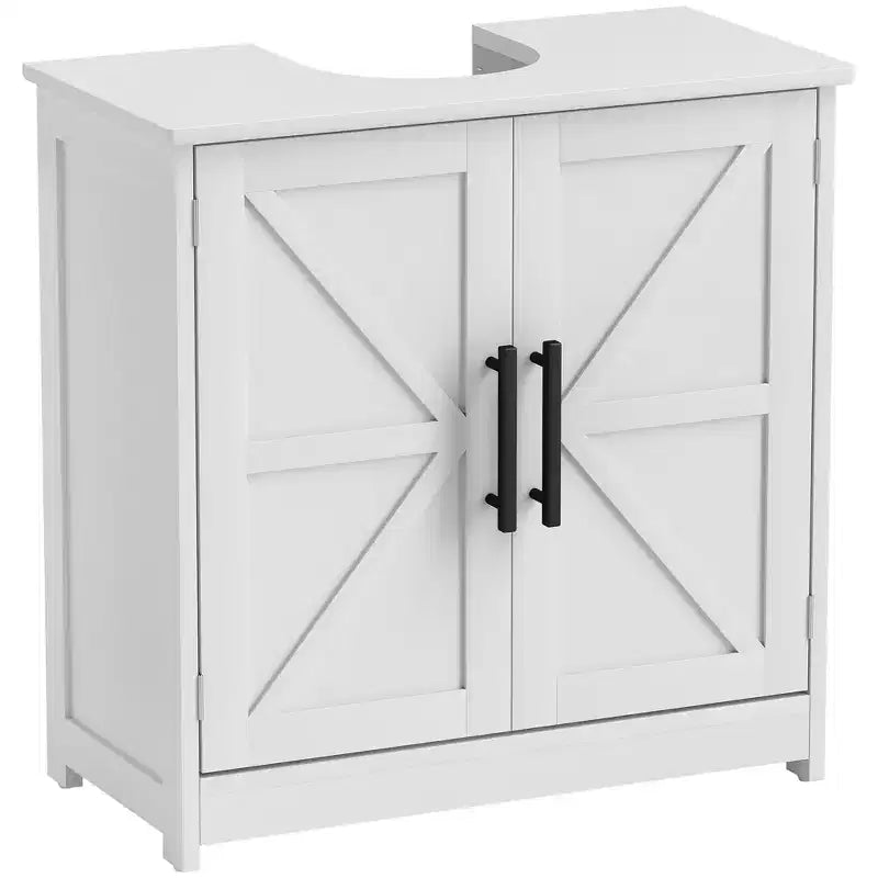 HOMCOM Farmhouse Pedestal Sink Storage Cabinet, Freestanding Bathroom Sink Cabinet with 2 Barn Doors and Adjustable Shelf
