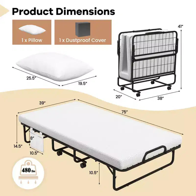 Costway 75 x 39 Folding Bed with Memory Foam Mattress & Pillow Dust Cover Metal Frame