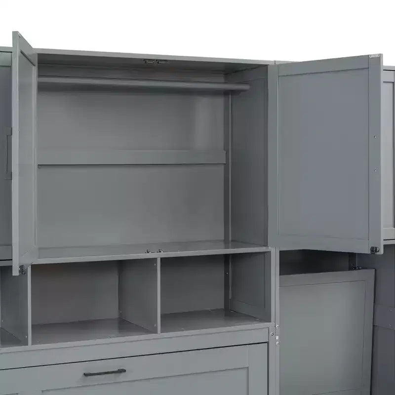 Twin Size Murphy Bed Wall Bed with Closet, Cabinets, Storage Shelves and Desk, White/Gray-ModernLuxe