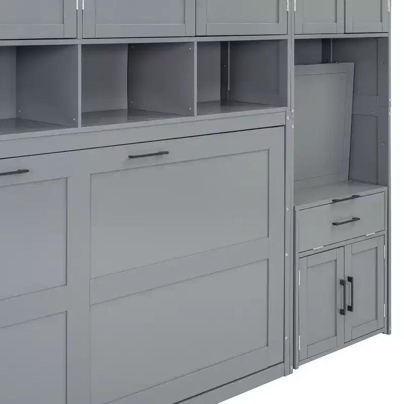 Twin Size Murphy Bed Wall Bed with Closet, Cabinets, Storage Shelves and Desk, White/Gray-ModernLuxe