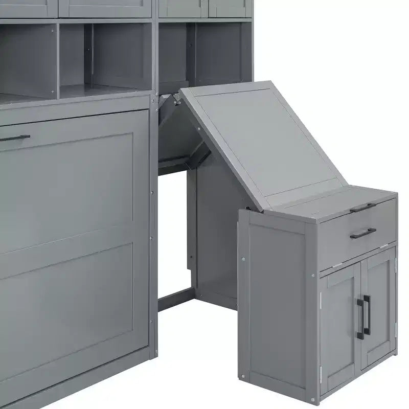 Twin Size Murphy Bed Wall Bed with Closet, Cabinets, Storage Shelves and Desk, White/Gray-ModernLuxe
