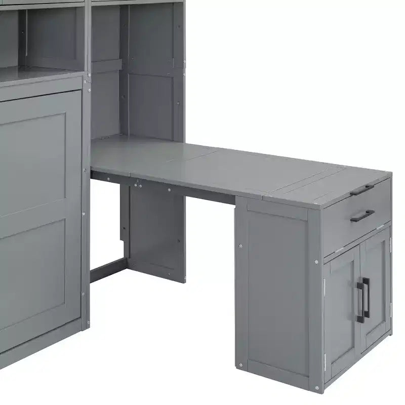 Twin Size Murphy Bed Wall Bed with Closet, Cabinets, Storage Shelves and Desk, White/Gray-ModernLuxe