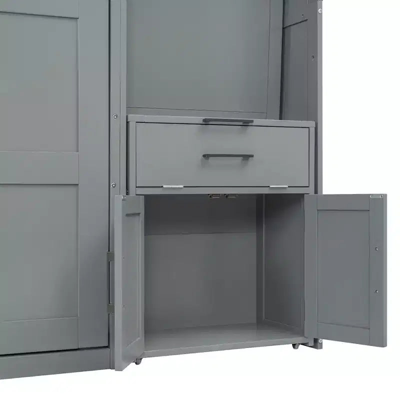 Twin Size Murphy Bed Wall Bed with Closet, Cabinets, Storage Shelves and Desk, White/Gray-ModernLuxe
