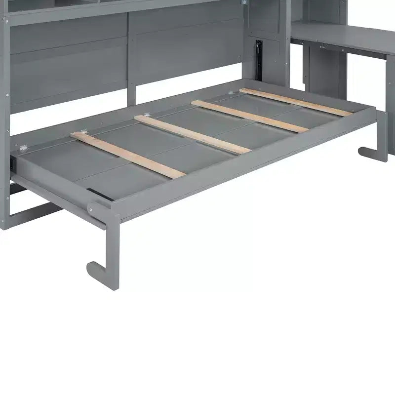 Twin Size Murphy Bed Wall Bed with Closet, Cabinets, Storage Shelves and Desk, White/Gray-ModernLuxe