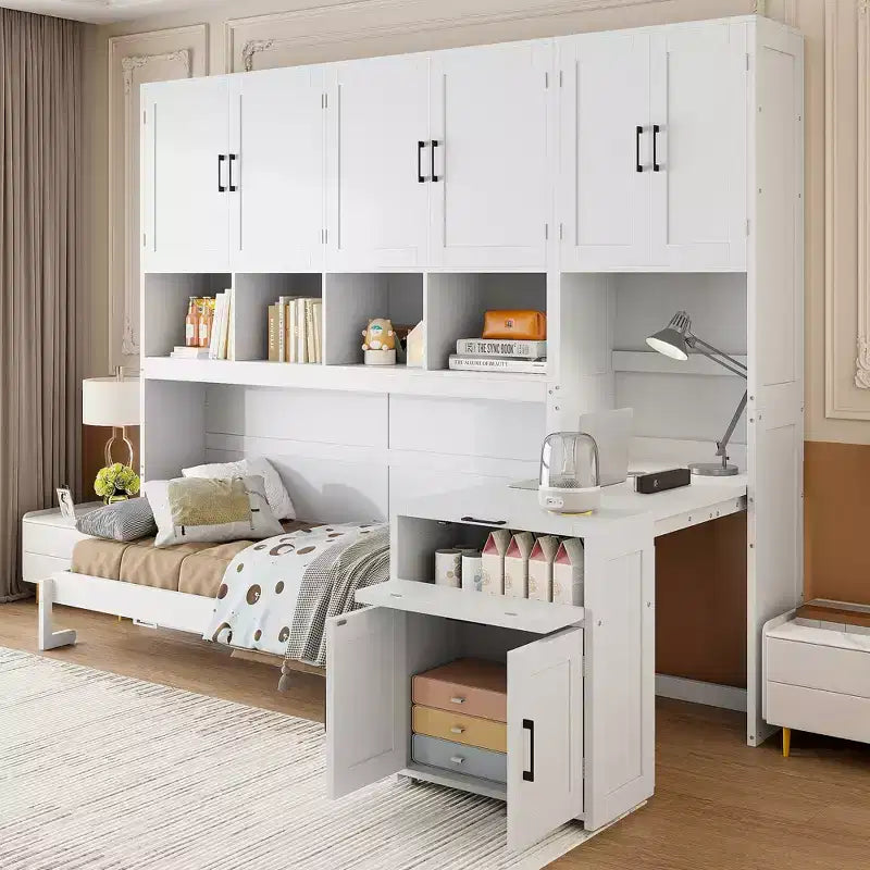 Twin Size Murphy Bed Wall Bed with Closet, Cabinets, Storage Shelves and Desk, White/Gray-ModernLuxe