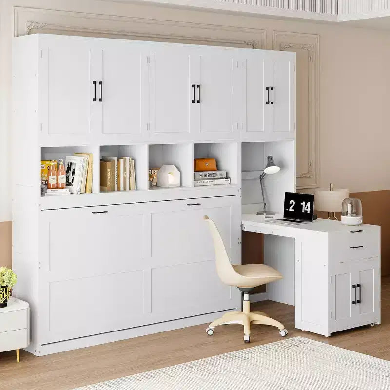 Twin Size Murphy Bed Wall Bed with Closet, Cabinets, Storage Shelves and Desk, White/Gray-ModernLuxe