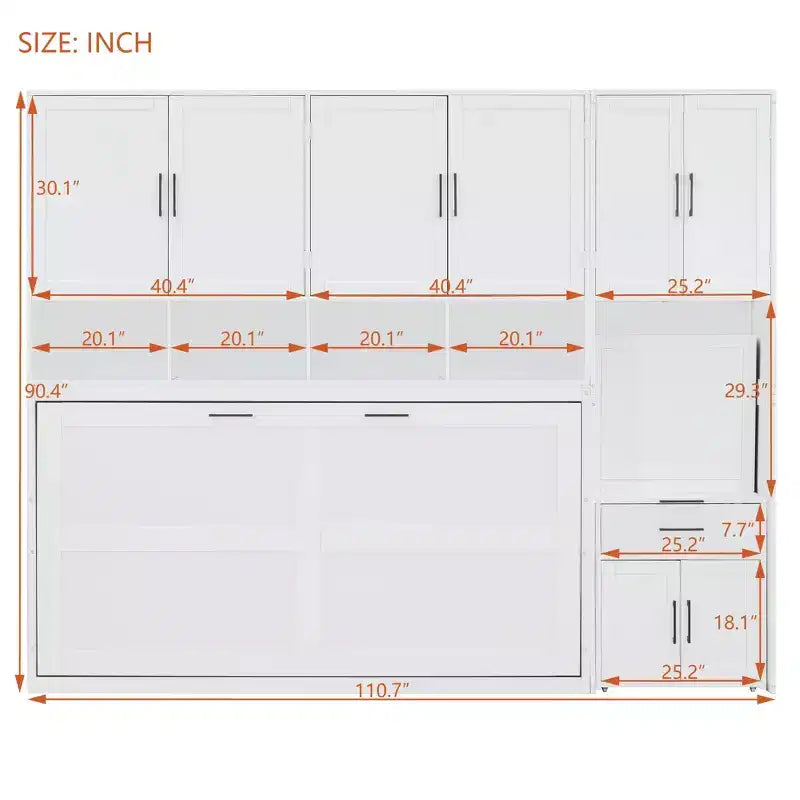 Twin Size Murphy Bed Wall Bed with Closet, Cabinets, Storage Shelves and Desk, White/Gray-ModernLuxe