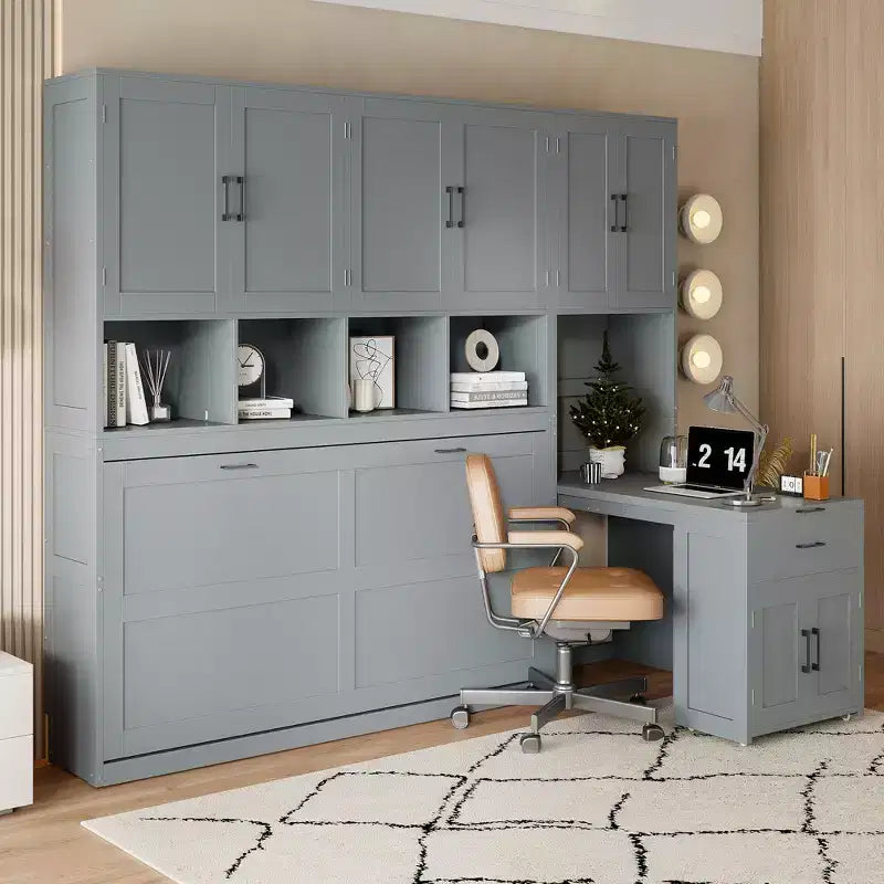 Twin Size Murphy Bed Wall Bed with Closet, Cabinets, Storage Shelves and Desk, White/Gray-ModernLuxe