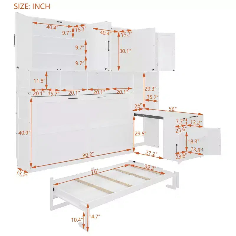 Twin Size Murphy Bed Wall Bed with Closet, Cabinets, Storage Shelves and Desk, White/Gray-ModernLuxe