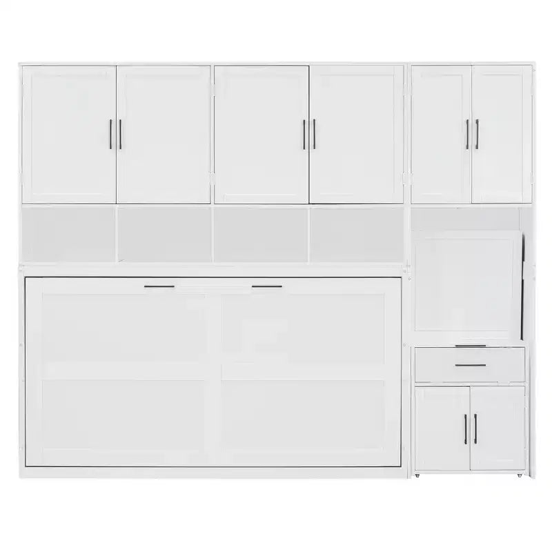 Twin Size Murphy Bed Wall Bed with Closet, Cabinets, Storage Shelves and Desk, White/Gray-ModernLuxe
