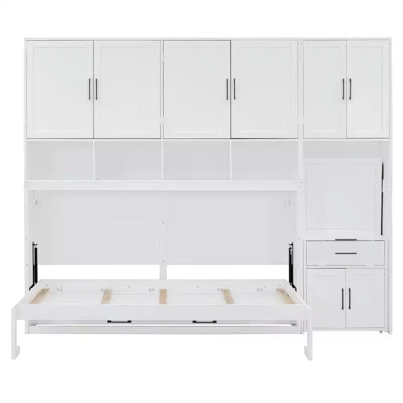 Twin Size Murphy Bed Wall Bed with Closet, Cabinets, Storage Shelves and Desk, White/Gray-ModernLuxe
