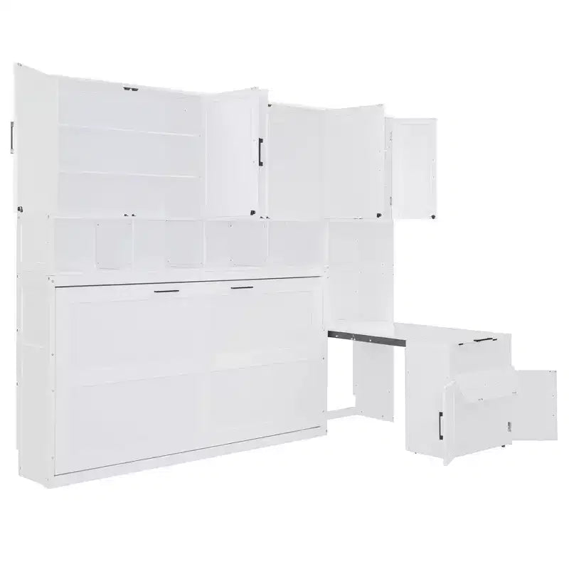 Twin Size Murphy Bed Wall Bed with Closet, Cabinets, Storage Shelves and Desk, White/Gray-ModernLuxe