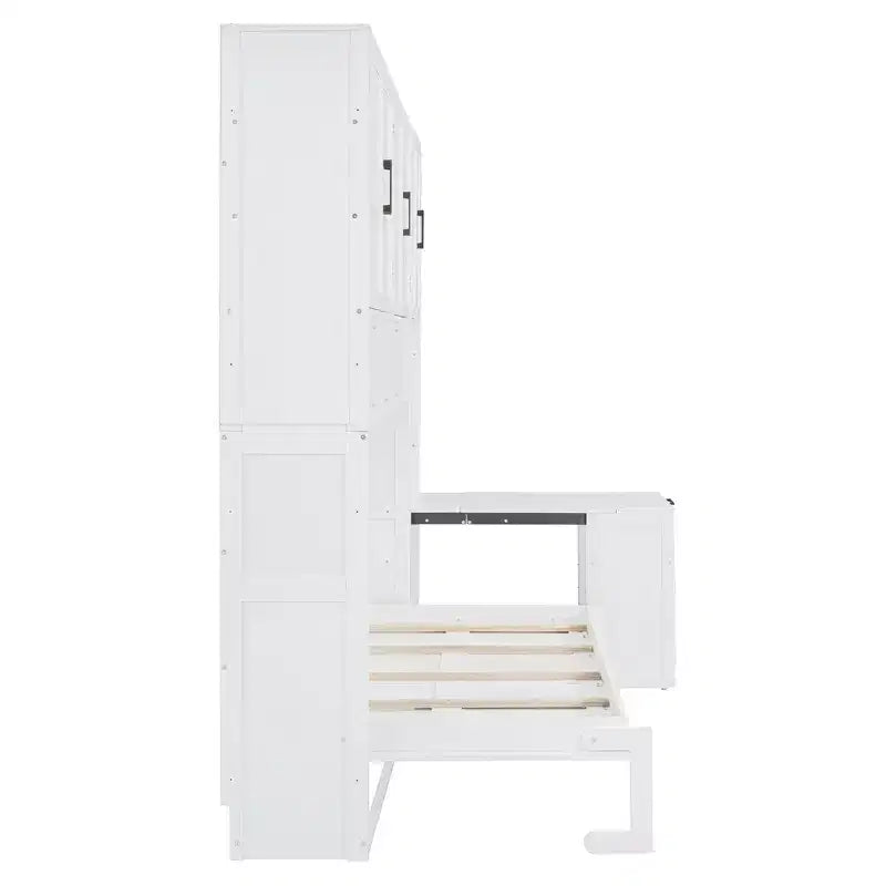 Twin Size Murphy Bed Wall Bed with Closet, Cabinets, Storage Shelves and Desk, White/Gray-ModernLuxe