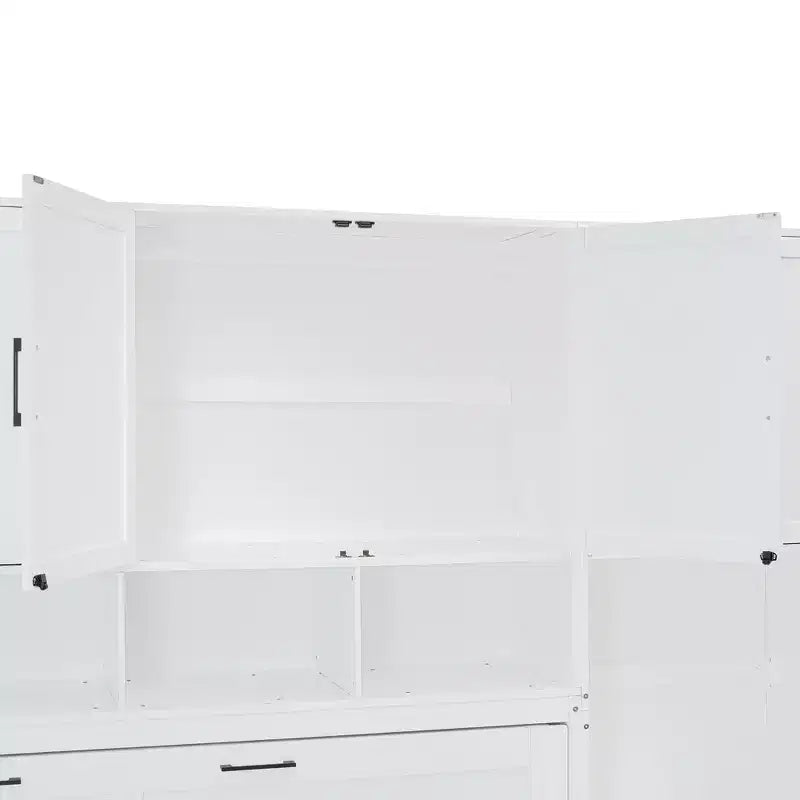 Twin Size Murphy Bed Wall Bed with Closet, Cabinets, Storage Shelves and Desk, White/Gray-ModernLuxe