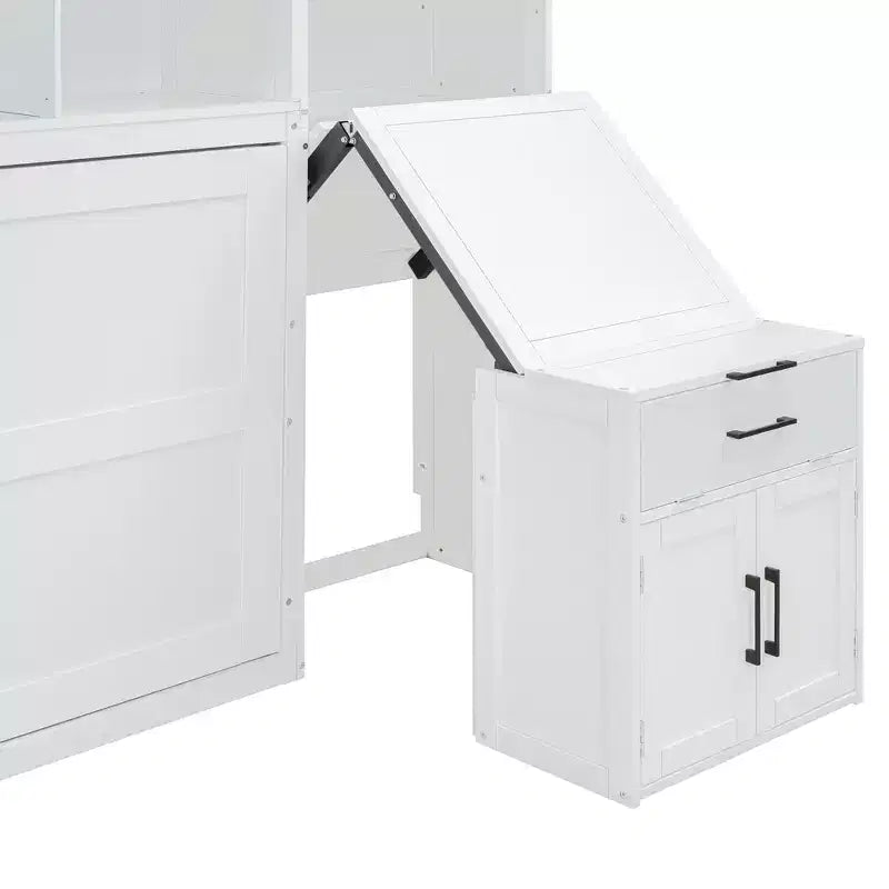 Twin Size Murphy Bed Wall Bed with Closet, Cabinets, Storage Shelves and Desk, White/Gray-ModernLuxe
