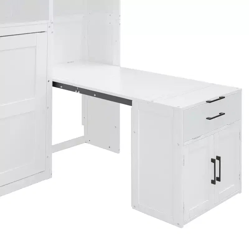 Twin Size Murphy Bed Wall Bed with Closet, Cabinets, Storage Shelves and Desk, White/Gray-ModernLuxe