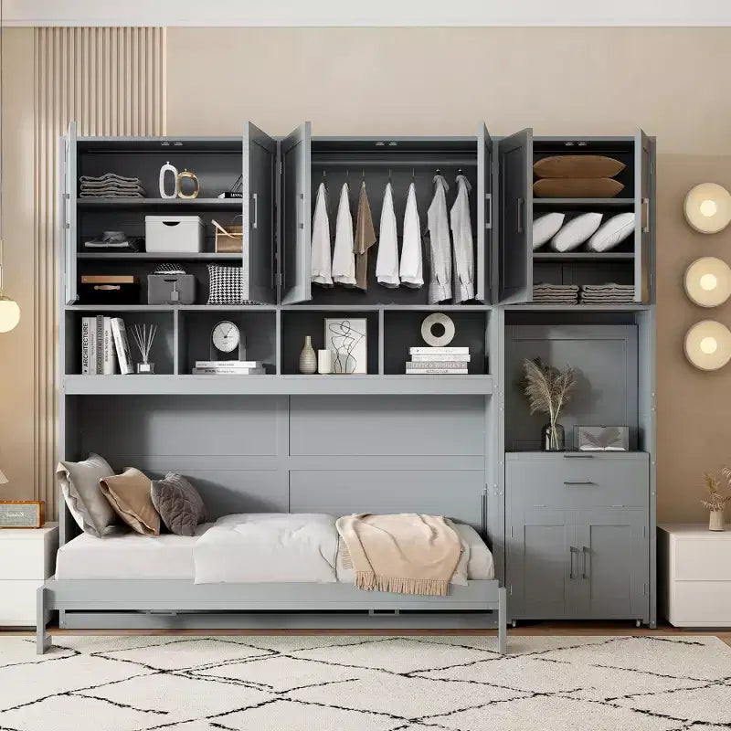 Twin Size Murphy Bed Wall Bed with Closet, Cabinets, Storage Shelves and Desk, White/Gray-ModernLuxe