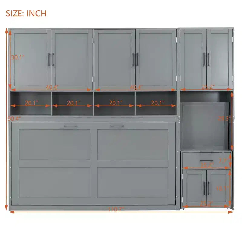 Twin Size Murphy Bed Wall Bed with Closet, Cabinets, Storage Shelves and Desk, White/Gray-ModernLuxe