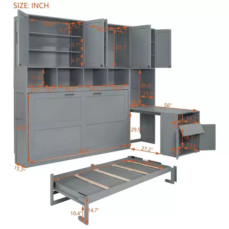 Twin Size Murphy Bed Wall Bed with Closet, Cabinets, Storage Shelves and Desk, White/Gray-ModernLuxe