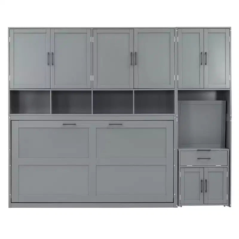 Twin Size Murphy Bed Wall Bed with Closet, Cabinets, Storage Shelves and Desk, White/Gray-ModernLuxe