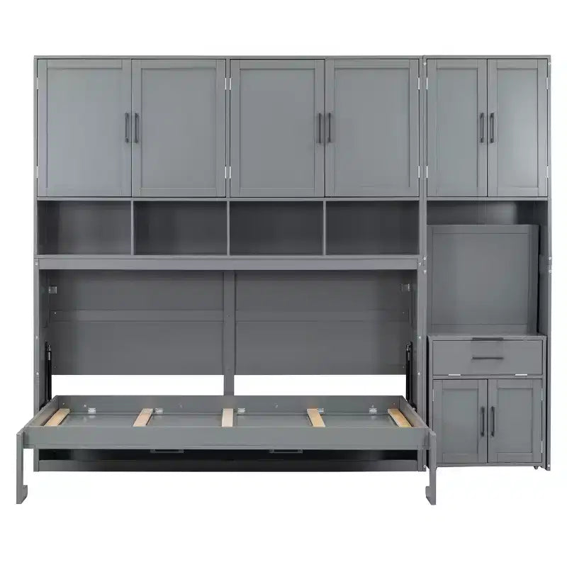 Twin Size Murphy Bed Wall Bed with Closet, Cabinets, Storage Shelves and Desk, White/Gray-ModernLuxe
