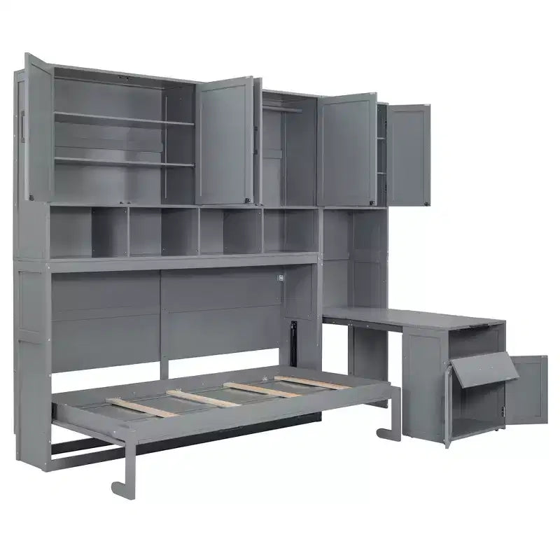 Twin Size Murphy Bed Wall Bed with Closet, Cabinets, Storage Shelves and Desk, White/Gray-ModernLuxe
