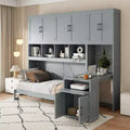 Twin Size Murphy Bed Wall Bed with Closet, Cabinets, Storage Shelves and Desk, White/Gray-ModernLuxe