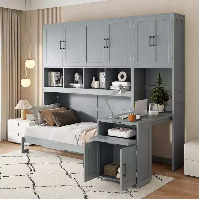 Twin Size Murphy Bed Wall Bed with Closet, Cabinets, Storage Shelves and Desk, White/Gray-ModernLuxe