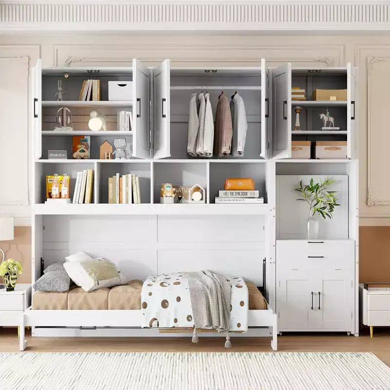 Twin Size Murphy Bed Wall Bed with Closet, Cabinets, Storage Shelves and Desk, White/Gray-ModernLuxe