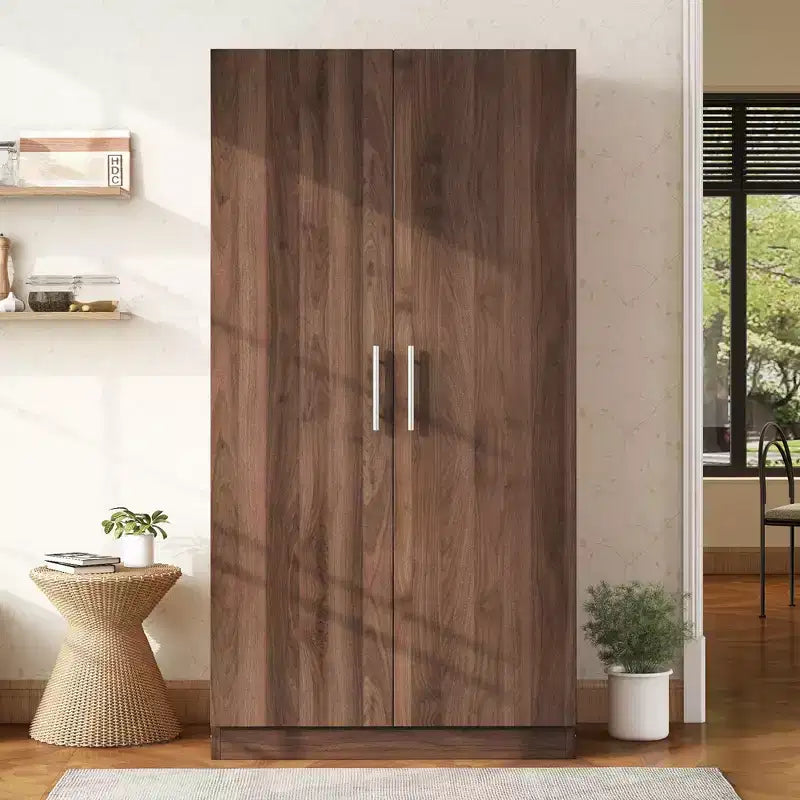 Whisen Rustic Style 2-Doors Wardrobe Storage with Hanging Rods and 3 Storage Shelves