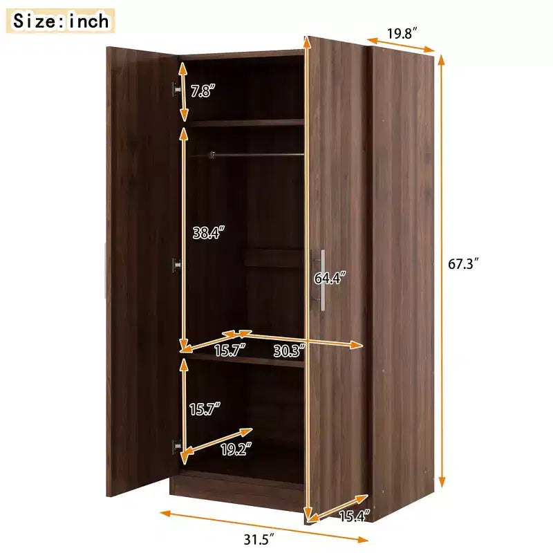 Whisen Rustic Style 2-Doors Wardrobe Storage with Hanging Rods and 3 Storage Shelves
