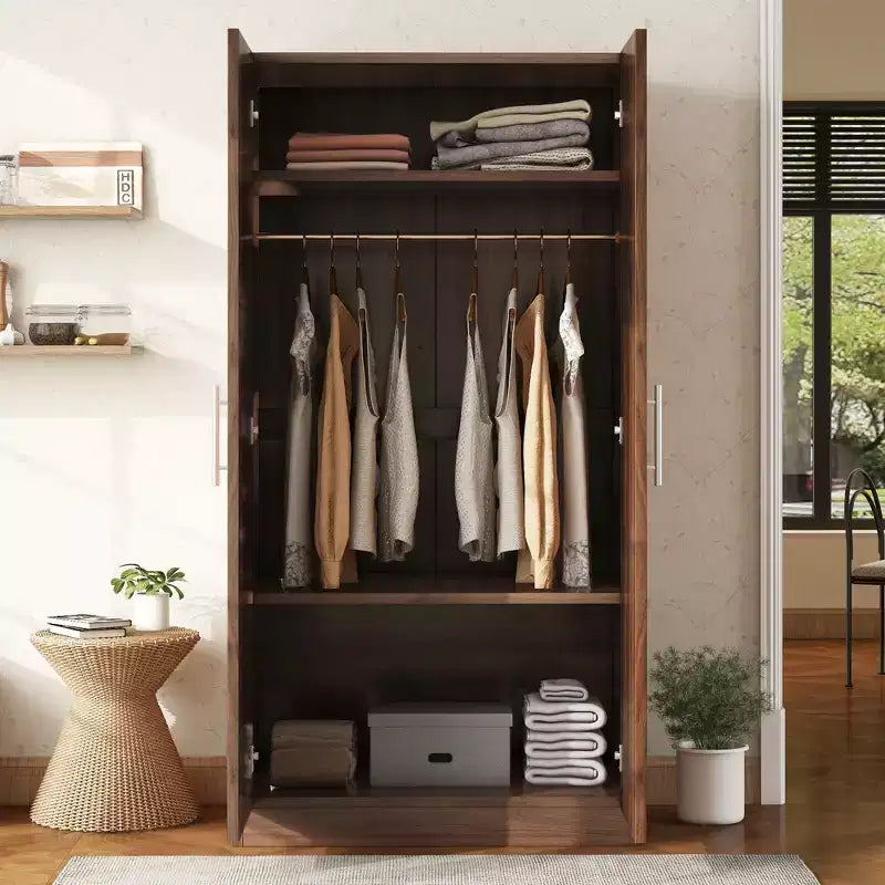 Whisen Rustic Style 2-Doors Wardrobe Storage with Hanging Rods and 3 Storage Shelves