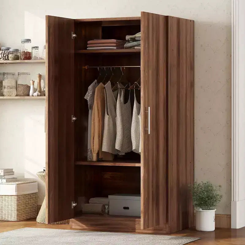 Whisen Rustic Style 2-Doors Wardrobe Storage with Hanging Rods and 3 Storage Shelves