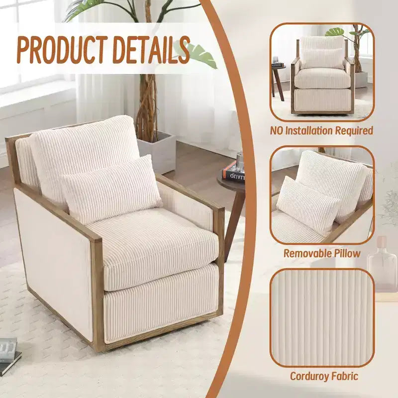 GDFStudio Tim Modern Corduroy Upholstered 360 Swivel Accent Chair with Two Pillows