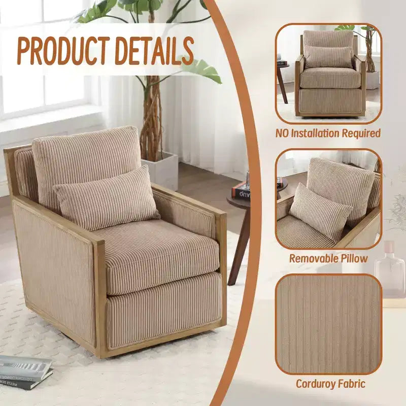 GDFStudio Tim Modern Corduroy Upholstered 360 Swivel Accent Chair with Two Pillows