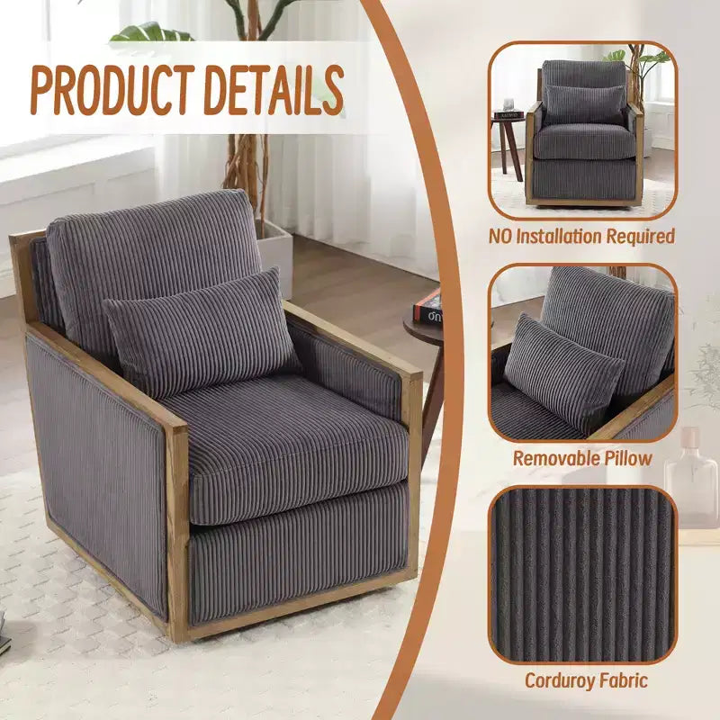 GDFStudio Tim Modern Corduroy Upholstered 360 Swivel Accent Chair with Two Pillows