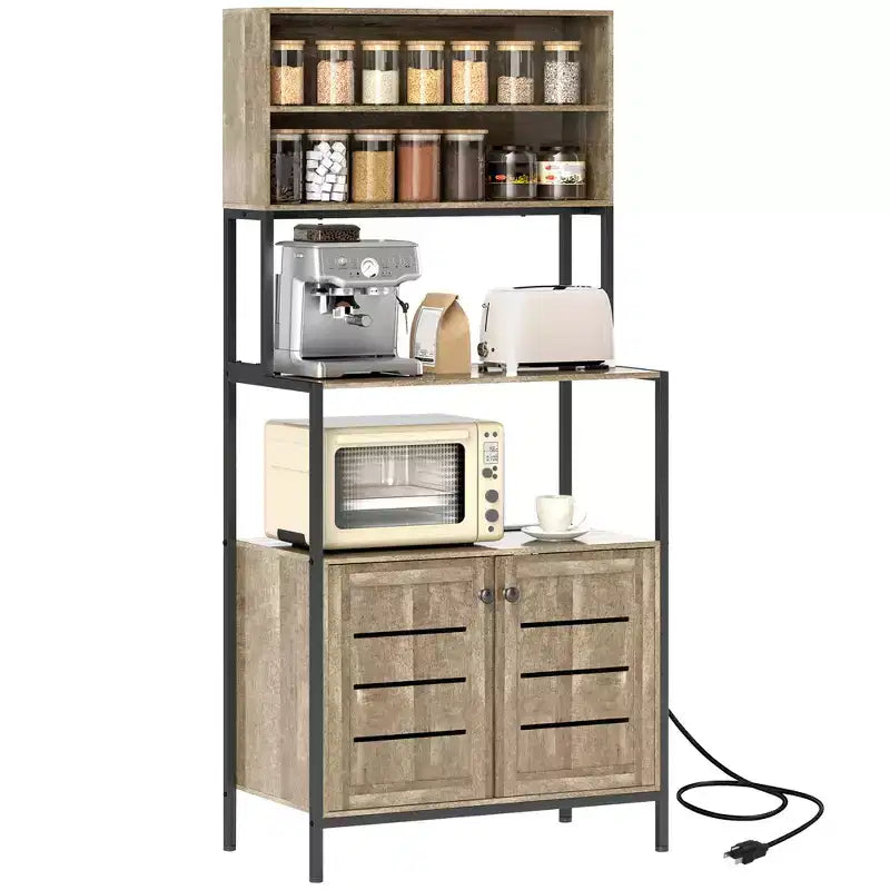 HOMCOM Baker's Rack with Power Outlet, Coffee Bar Cabinet with Storage Shelves, Microwave Stand with Louvred Door Cabinets, Gray Wood Grain