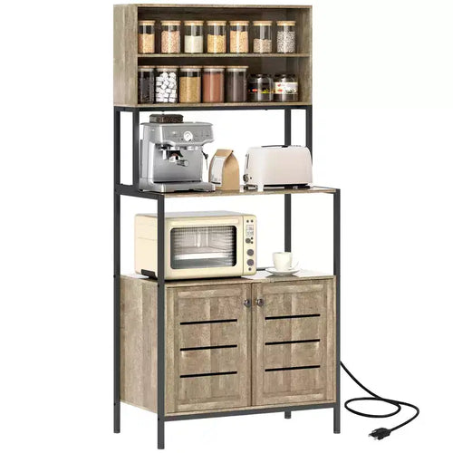HOMCOM Baker's Rack with Power Outlet, Coffee Bar Cabinet with Storage Shelves, Microwave Stand with Louvred Door Cabinets, Gray Wood Grain
