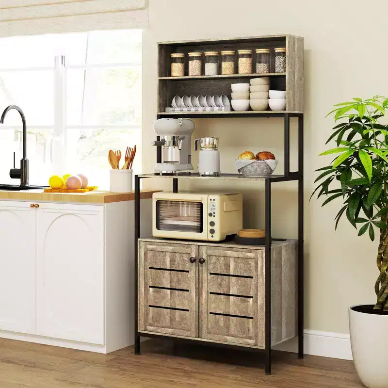 HOMCOM Baker's Rack with Power Outlet, Coffee Bar Cabinet with Storage Shelves, Microwave Stand with Louvred Door Cabinets, Gray Wood Grain